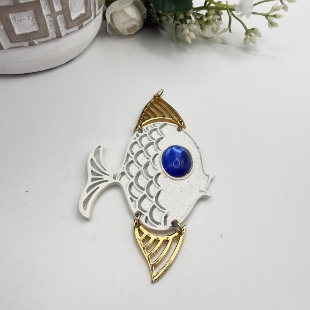 Vintage Large Fish Pendant White Gold Tone Blue Cabochon Articulated Mod Coastal